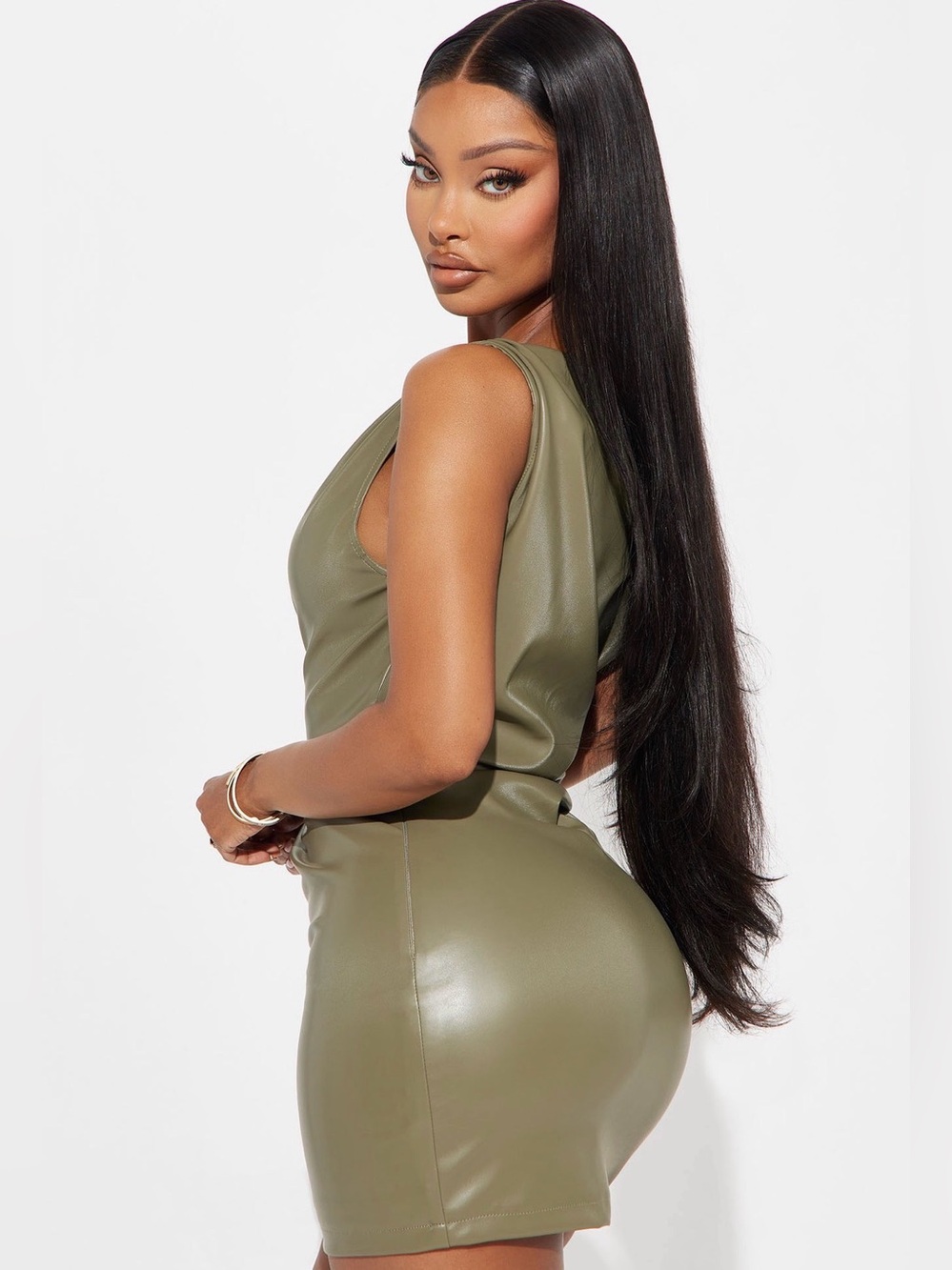 Fashion Nova Too Confident Olive One-Shoulder Faux Leather Mini XL - Picture 3 of 3
